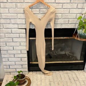 Elegant Cream Ribbed Knit Dress